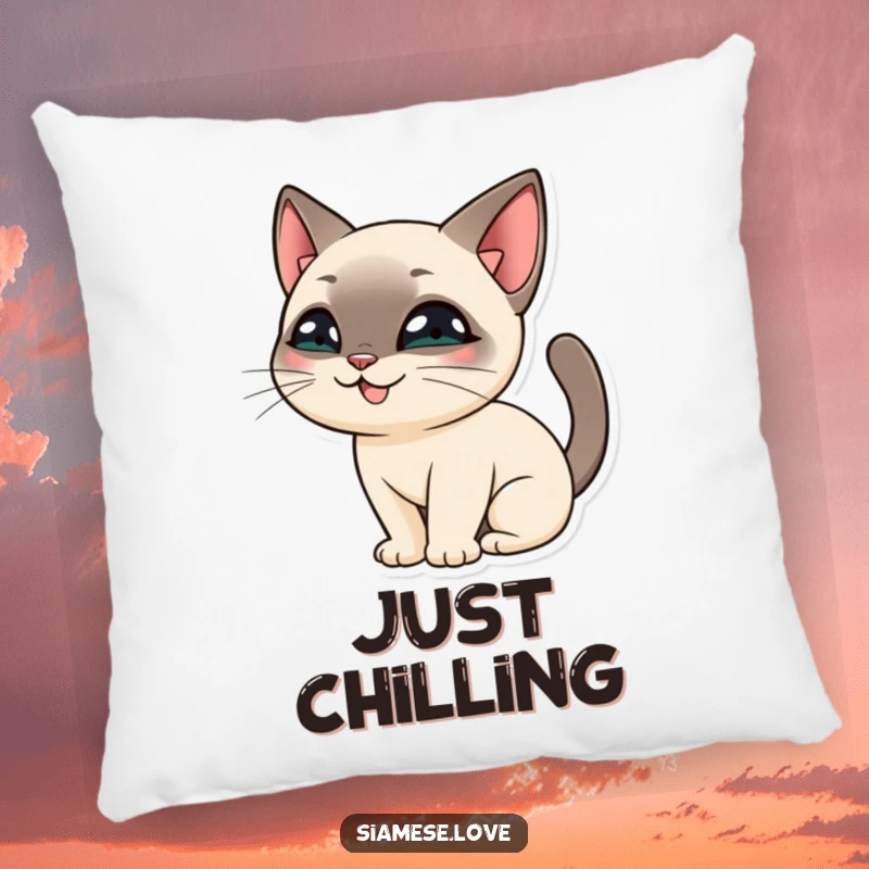 Funny Siamese Cat Pillow: A cute cat character with a mischievous smile, playfully concealing itself behind its tail.