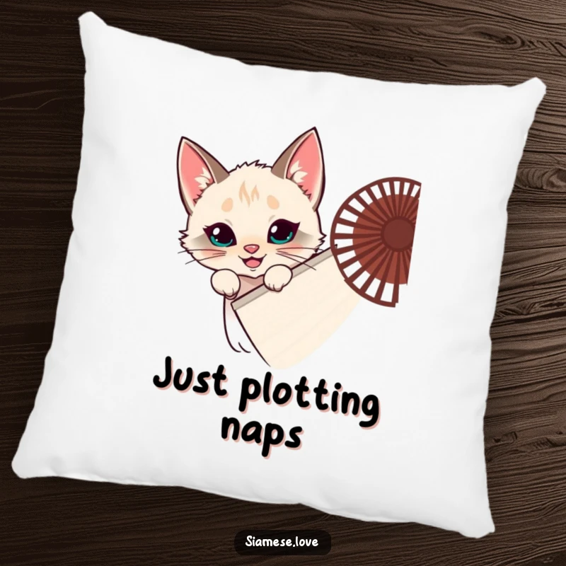 Funny Siamese cat pillow, feline hiding behind a fan, peeking with a grin, cozy decor, ideal funny gift.
