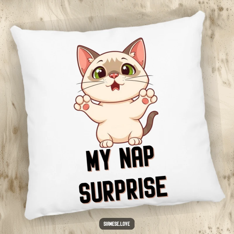 Funny pillow featuring a Siamese cat with paws up in a comical, surprised pose, ideal for adding a touch of lighthearted humor to any seating area.