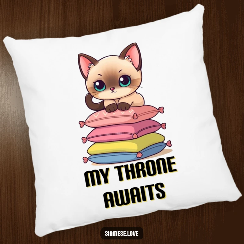 Funny pillow depicting a Siamese cat delicately perching on a stack of colorful cushions, for cozy relaxation.