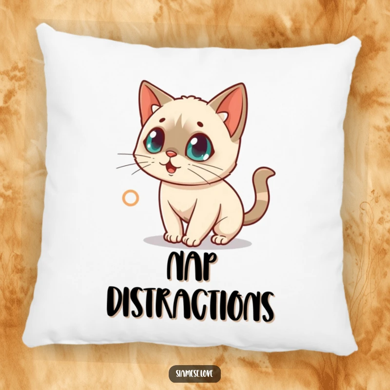 Funny pillow showcasing a surprised kawaii Siamese cat intensely chasing a red laser dot, designed for comfort and laughs.