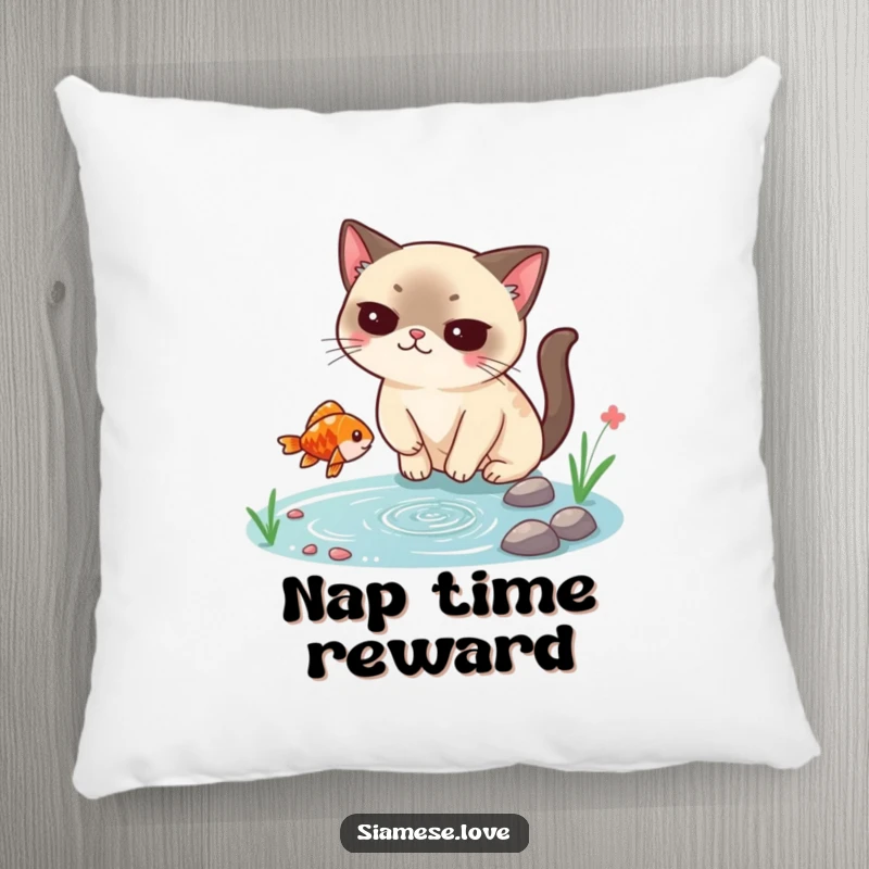 Funny Siamese cat pillow, smugly catching a falling fish from a tiny pond, soft and humorous decor for cat enthusiasts.