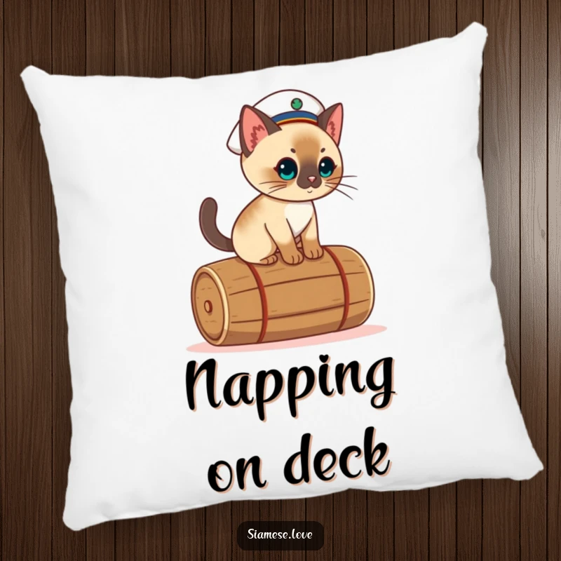 Funny kawaii Siamese cat pillow, wearing a sailor hat and balancing with grace on a rolling barrel.
