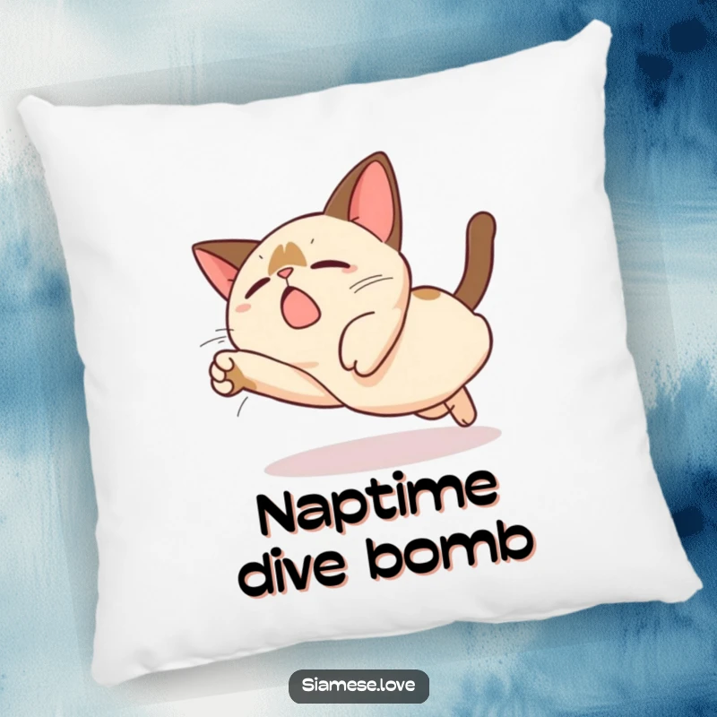 Funny Kawaii Siamese Cat Pillow: A cute Siamese cat character in a comically exaggerated, clumsy dive pose, offering soft humor.