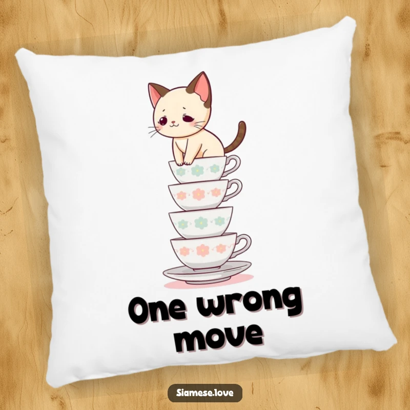 Funny Siamese cat pillow, feline balancing on stacked teacups, soft decor, perfect funny gift for cat lovers.