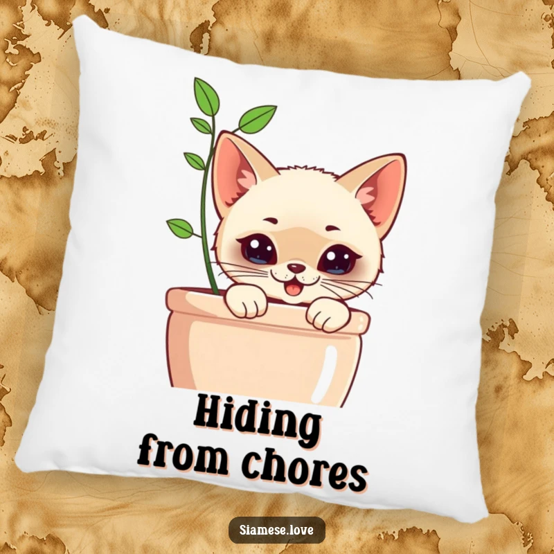 Funny Kawaii Siamese Cat Pillow: Plush pillow featuring a cute cat with a mischievous grin peeking from behind a planter.