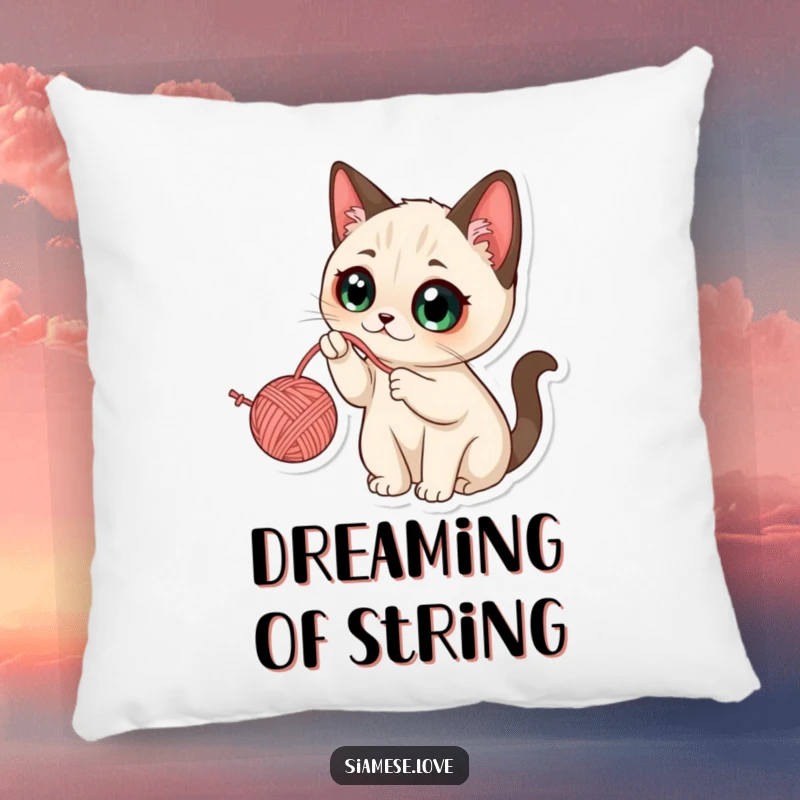 Funny Kawaii Siamese Cat Pillow: Plush pillow featuring a cute cat with wide eyes batting at a dangling ball of yarn.