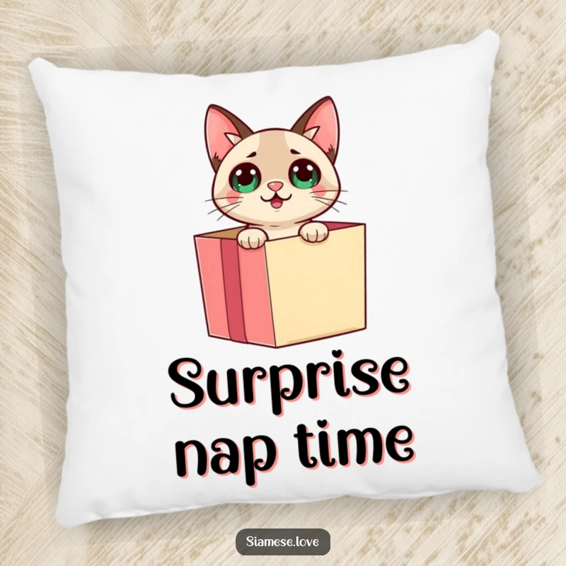 Funny Siamese cat emerging from a gift box with a surprised expression on a decorative pillow, offering comfort and playful charm.
