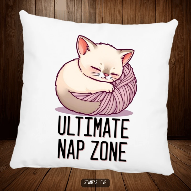 Funny Siamese cat pillow cushion, a happy cat is nestled within a ball of yarn, offering soft comfort.