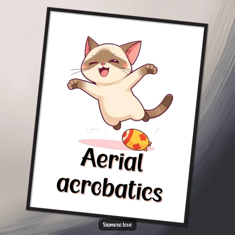 Funny kawaii Siamese cat digital art print, captured mid-leap towards a toy, radiating playful energy and adorable artistic charm.