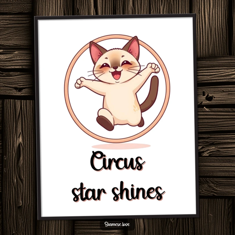Funny digital art print of a cheerful Siamese cat joyfully leaping through a hoop, adding vibrant energy.