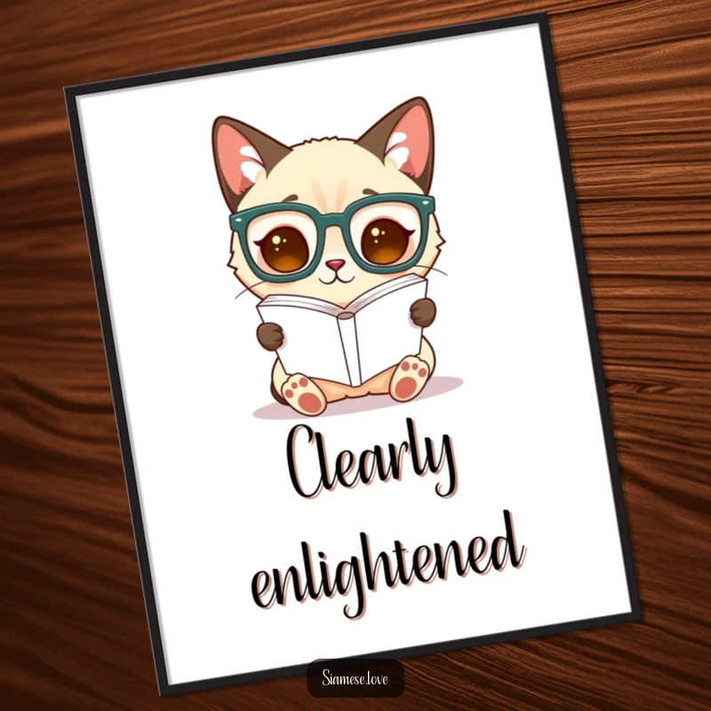 Funny Siamese cat digital art print, a cat in oversized glasses reads an upside-down book, ready for printing.