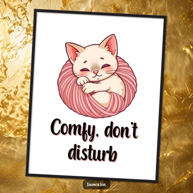 Funny Siamese cat digital art print of a content feline curled up in a yarn ball, ready for cozy wall decor.