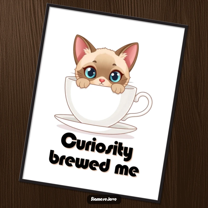 Funny digital art print of a curious Siamese cat peeking from behind a giant teacup, whimsical and charming.