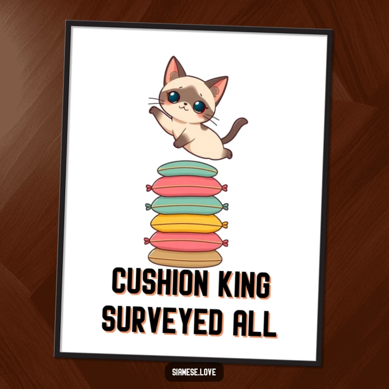 Funny digital art of a Siamese cat elegantly leaping onto a stack of cushions. Instant downloadable wall art.