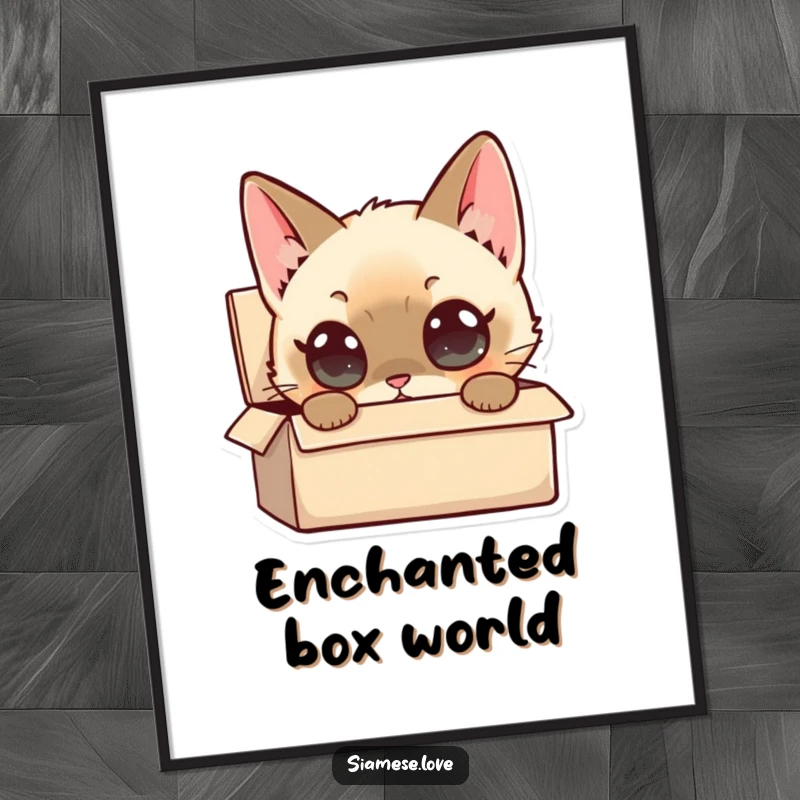 Funny Siamese Cat Digital Art: A high-resolution print of a curious Siamese cat character peering into a small box, full of intrigue.