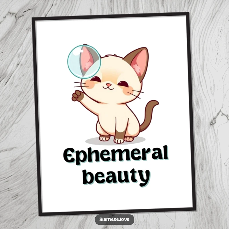 Funny kawaii Siamese cat digital art print, playfully swatting at a floating bubble, adding whimsical charm and lighthearted fun.
