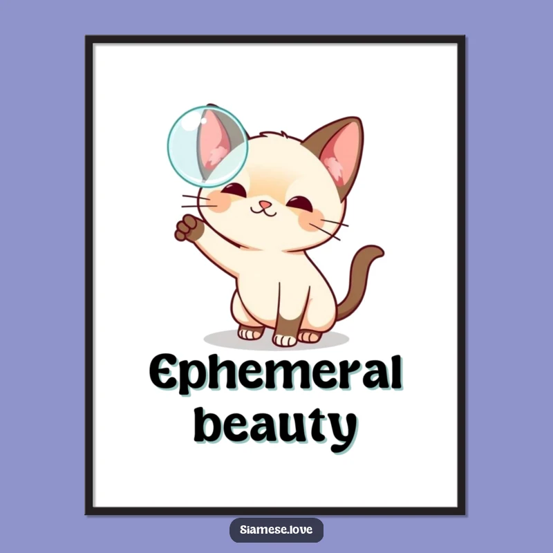 Funny Kawaii Siamese Cat Bubble Digital Art - Whimsical Wall Decor & Gift
