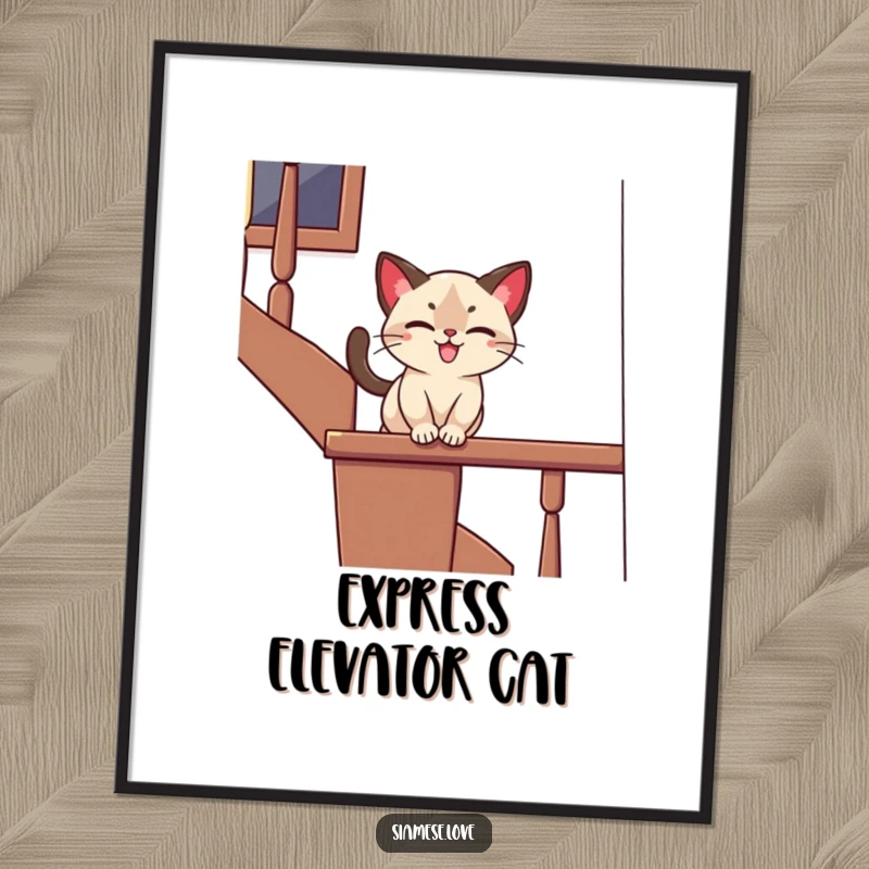 Funny digital art print of a stylized Siamese cat playfully sliding down a banister with a joyful expression, offering instant playful decor.