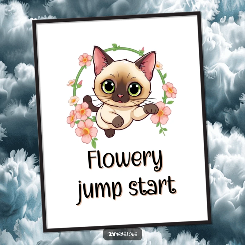 Funny digital art print of a curious Siamese cat leaping through a hoop of flowers, an instant download for elegant and whimsical decor.