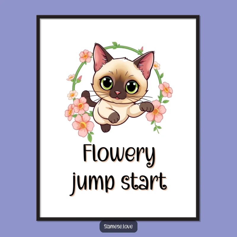 Funny Siamese Cat Flower Leap Digital Art - Elegant Print