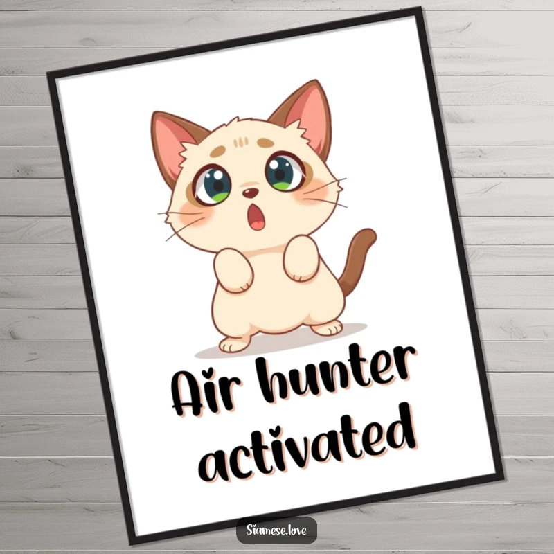 Funny digital art print of a surprised Siamese cat with wide eyes, hilariously pouncing at empty air.