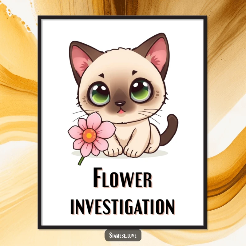 Funny kawaii Siamese cat with wide eyes curiously sniffing a flower on a digital art print, full of wonder.