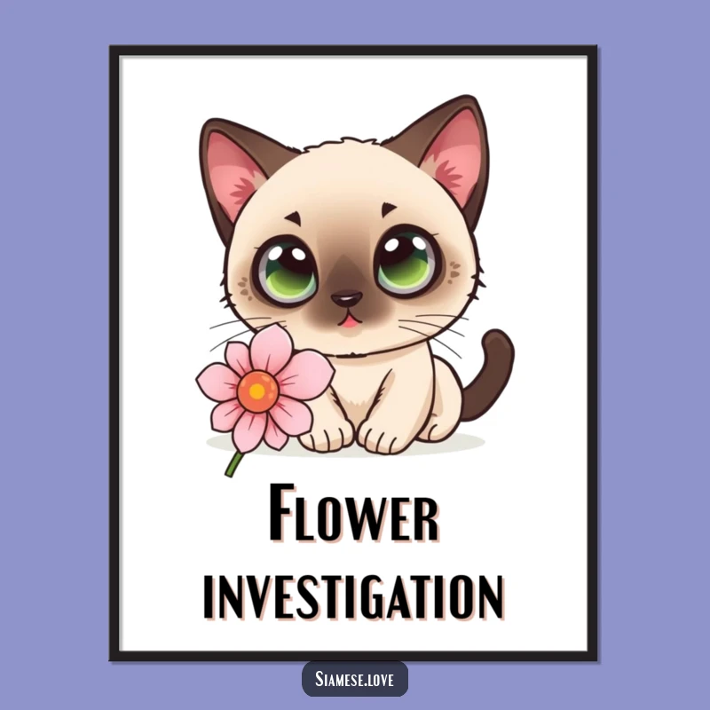 Funny Cat Flower Digital Art Print - Kawaii Siamese Decor, Instant Gift!