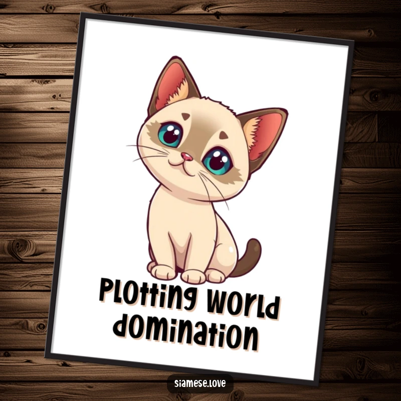 Funny kawaii Siamese cat tilting its head with intrigue on a digital art print, embodying gentle curiosity.