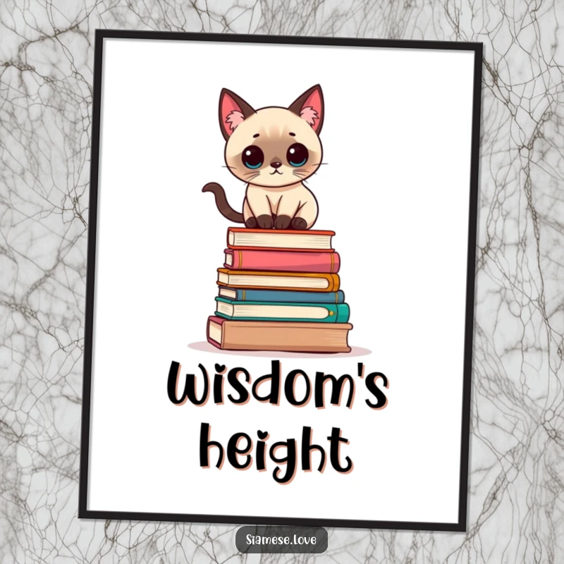 Funny Kawaii Siamese cat balancing precariously on a stack of books, available as a digital art print for charming decor.