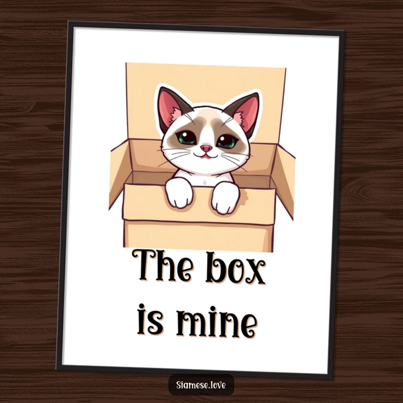 Funny kawaii Siamese cat digital art print, peeking from a box with a mischievous grin, adding playful charm to decor.