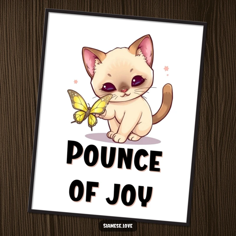 Funny Kawaii Siamese Cat Digital Art Print: High-resolution image of a cute cat playfully pouncing on a shimmering butterfly.