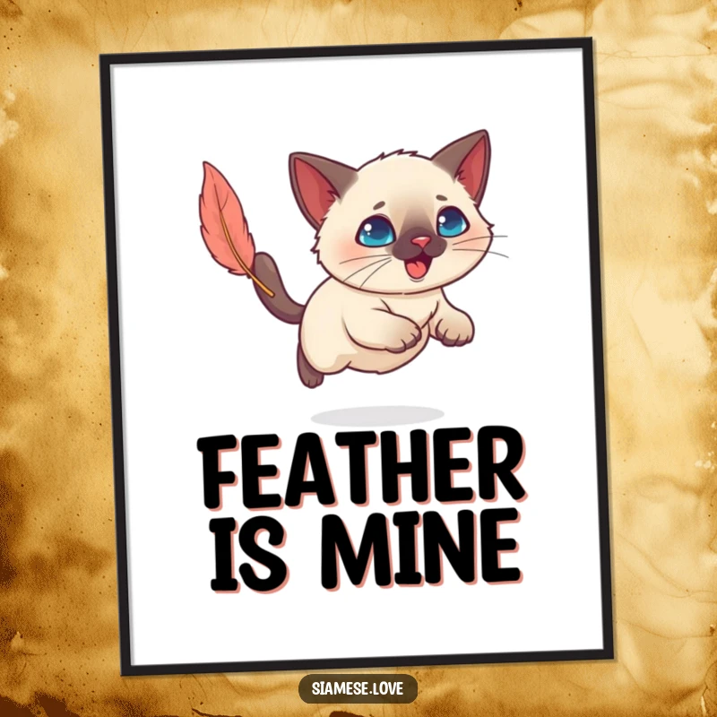 Funny Kawaii Siamese cat energetically chasing a feather toy, a high-resolution digital art print for instant decor.