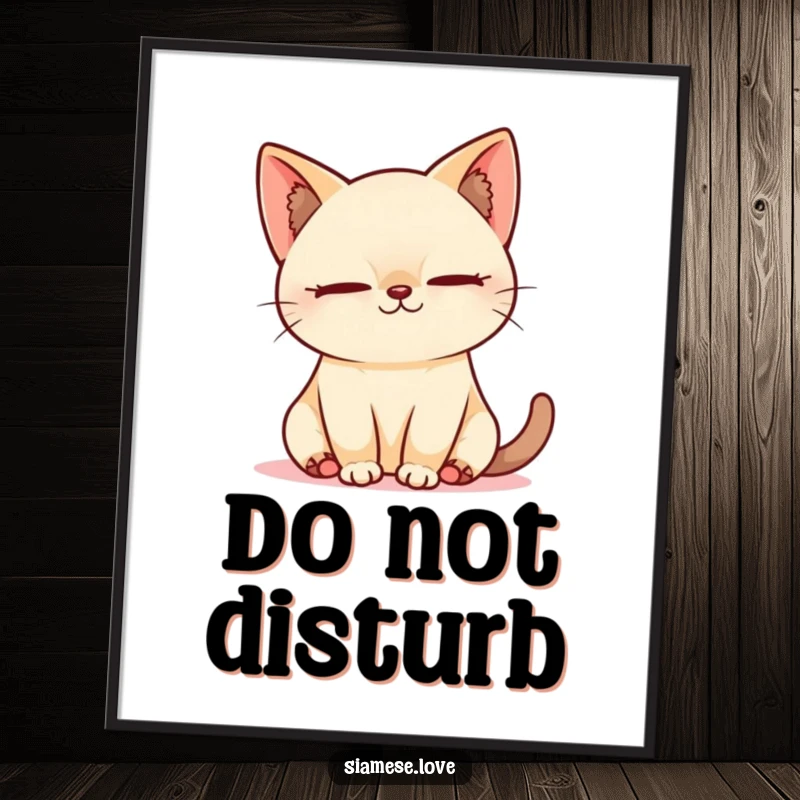 Funny Kawaii Siamese cat sleeping peacefully in a sunbeam, a high-resolution digital art print for serene decor.