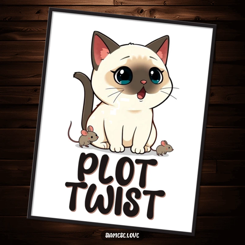 Funny Kawaii Siamese cat digital art print showing a shocked cat and a scurrying mouse, great for instant funny gift decoration.