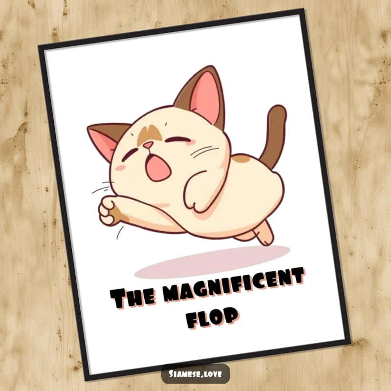 Funny Kawaii Siamese Cat Digital Art: A high-resolution print of a cute Siamese cat character in a funny, exaggerated clumsy dive.