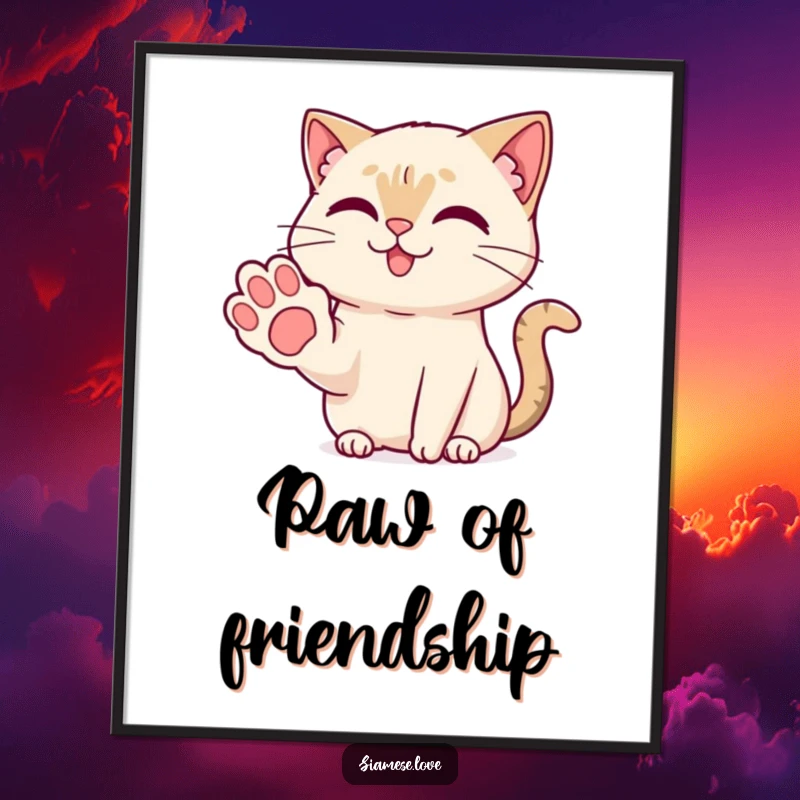 Funny Kawaii Siamese cat offering a friendly paw with a sweet smile, available as a digital art print for charming decor.