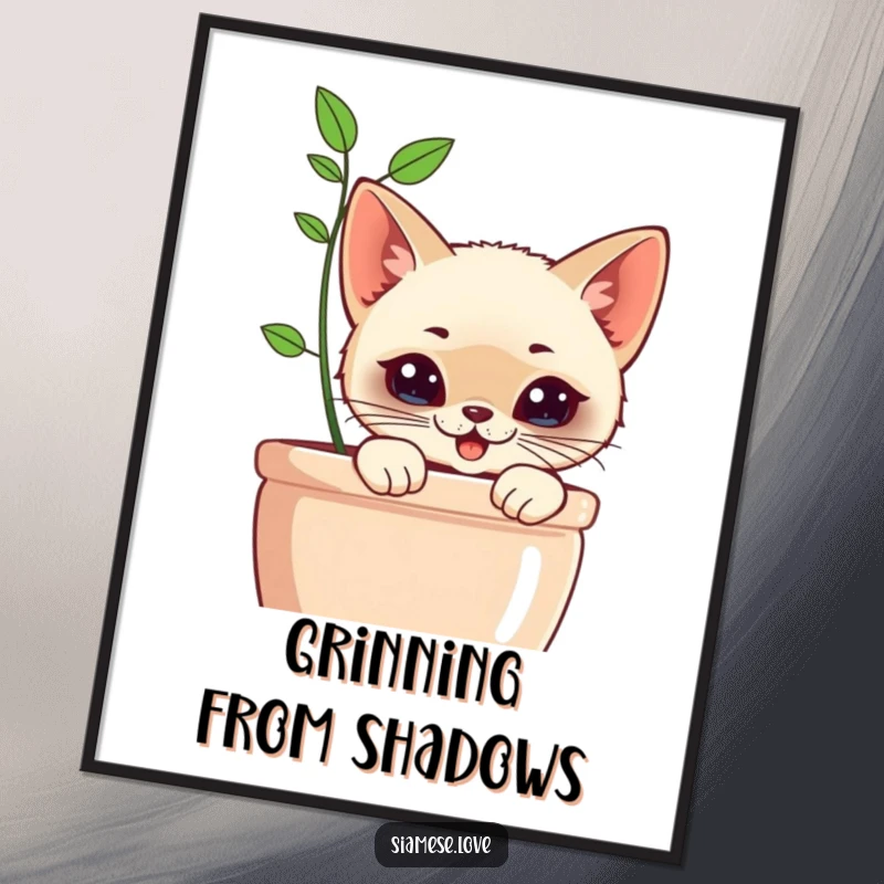 Funny Kawaii Siamese Cat Digital Art Print: High-resolution image of a cute cat with a mischievous grin peeking from behind a planter.
