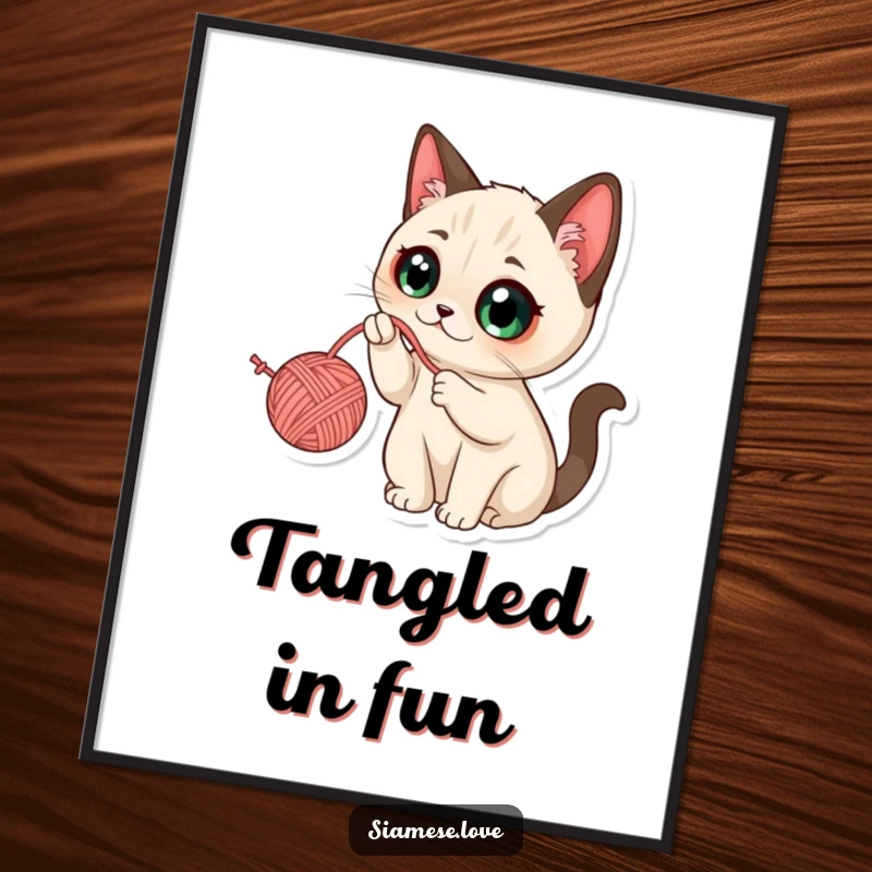 Funny Kawaii Siamese Cat Digital Art Print: High-resolution image of a cute cat with wide eyes batting at a dangling yarn ball.