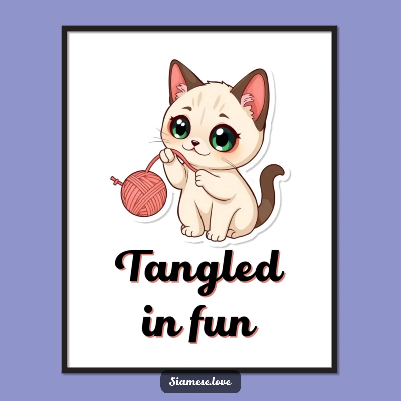 Funny Kawaii Siamese Cat Yarn Digital Art: Instant Playful Decor, Perfect Funny Gift
