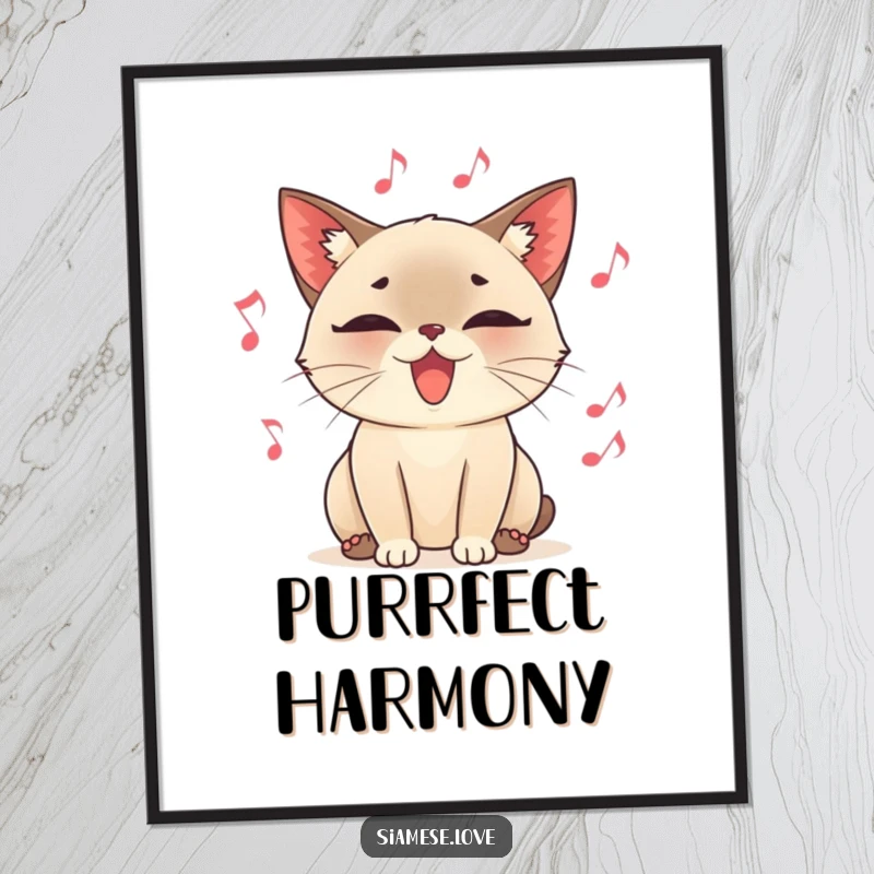 Funny digital art print, a content Siamese cat character purring loudly, surrounded by floating musical notes, a harmonious and amusing illustration.