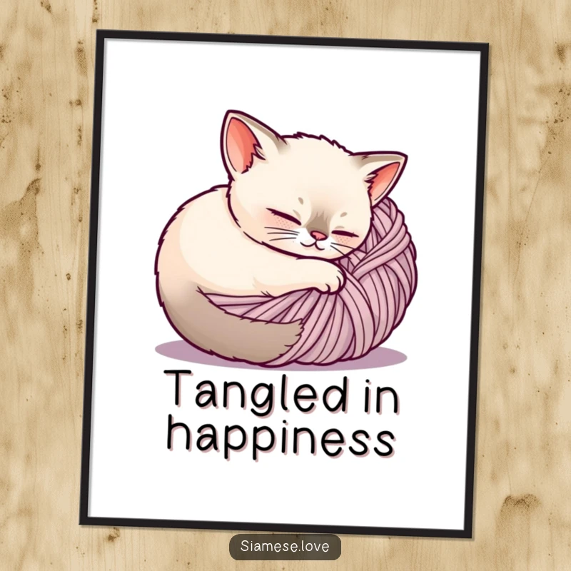Funny Siamese cat digital art print, a content cat is curled up inside a ball of yarn, ready for printing.