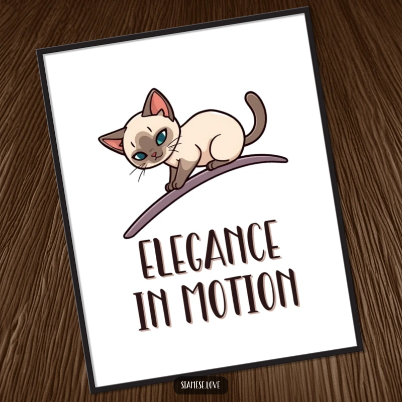 Funny digital art print of a sleek Siamese cat elegantly balancing on a narrow, curving surface, offering instant sophisticated humorous decor.
