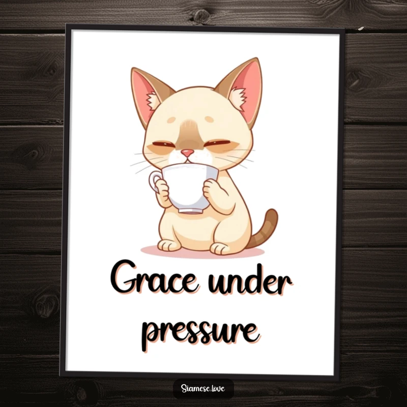 Funny Siamese cat concentrating on balancing a teacup on its nose, presented as a digital art print for sophisticated humor.