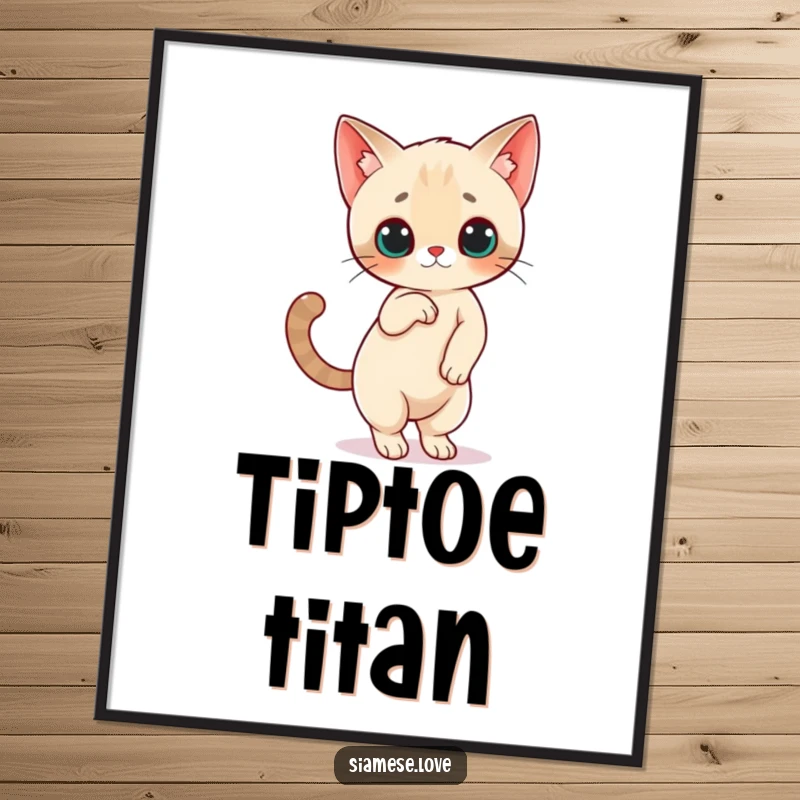 Funny Siamese Cat Digital Art: A high-resolution print of a Siamese cat character balancing on hind legs with tail high, full of humor.