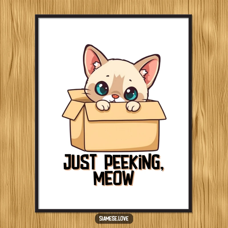 Funny Digital Art Print: Siamese cat curiously peeking from a cardboard box, capturing a moment of playful discovery.
