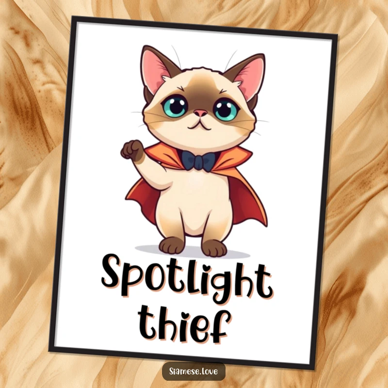 Funny Digital Art Print: Siamese cat in a cape, striking a theatrical and hilarious pose, perfect for framing.