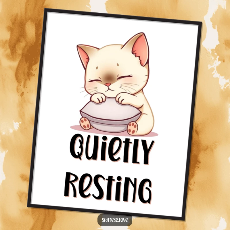 Funny Siamese cat digital art print of a cute kawaii kitty nuzzling a small cushion, perfect for instant download and cat decor.
