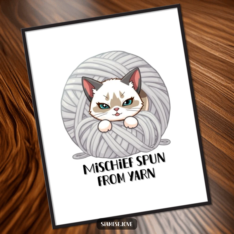 Funny digital art of a Siamese cat with a mischievous smirk, hiding behind yarn. Instant downloadable wall art.