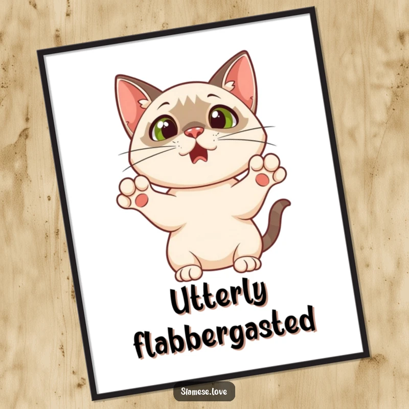 Funny digital art print of a Siamese cat with paws raised in a comical, surprised pose, perfect for adding a humorous and expressive touch.